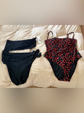 Set Of 2 Good  American One Piece Swimsuits Black Cherry & Strapless Cutout